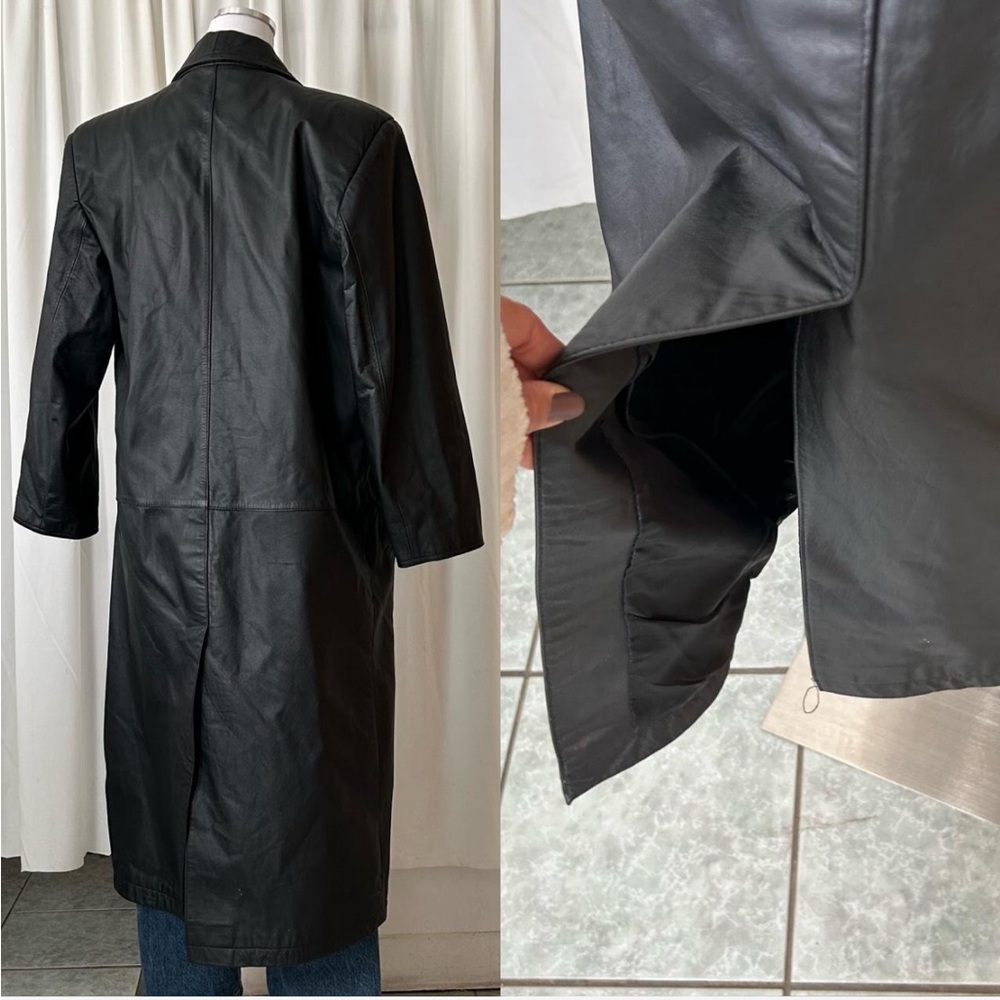 Vintage Pelle Club black long leather trench coat size Medium. - Picture 8 of 12
